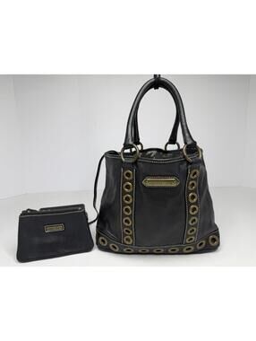 Rare Isabella Fiore Black Leather Grommeted Shoulder Handbag TOTE w/ Small Purse